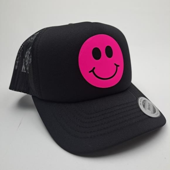 Smiley Face Glow in the Dark Pink Foam Trucker Mesh Snapback Cap Hat Black Rave - Picture 4 of 5